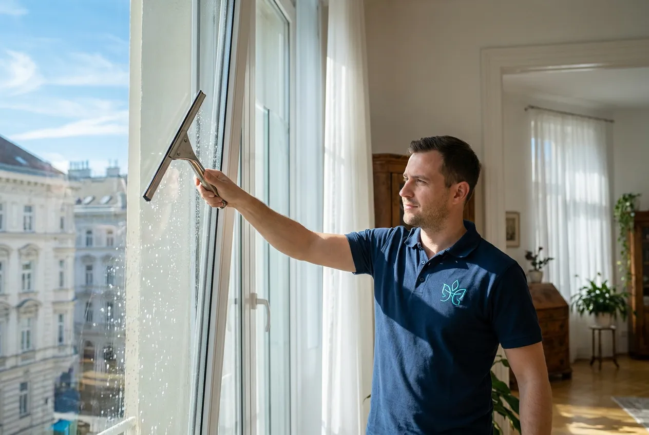 Fensterreinigung Lemberg — Fensterputzer reinigt ein großes Fenster in einer Altbauwohnung streifenfrei