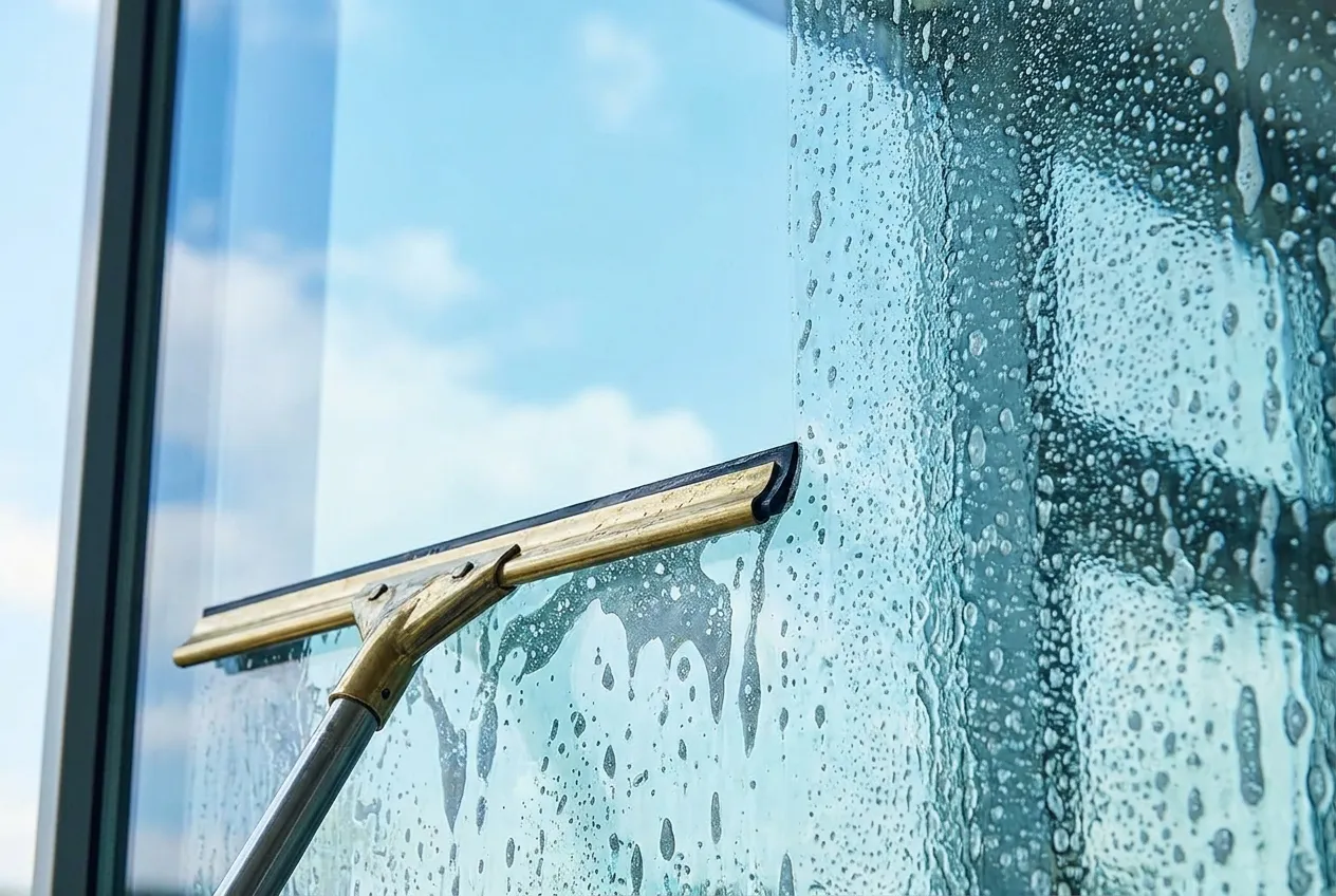 Fensterreinigung Lemberg — Abzieher fährt über die Scheibe, links streifenfrei sauber, rechts noch mit Wasserfilm