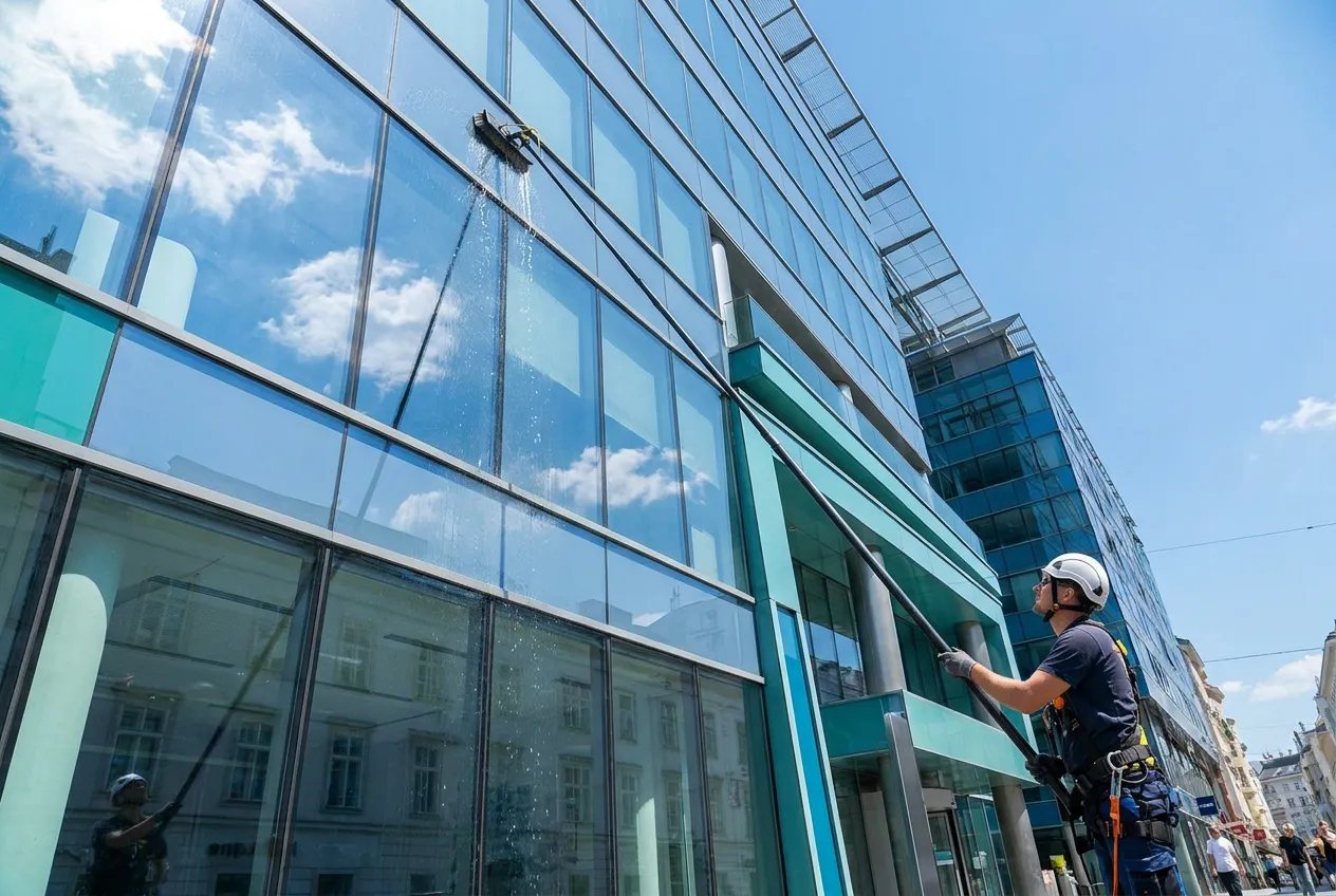 Fensterreinigung Lemberg — Glasfassade eines Bürogebäudes wird mit Teleskopstange und Osmose gereinigt
