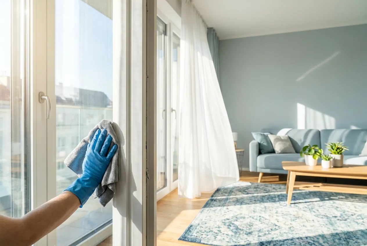 Fensterreinigung Lemberg — bodentiefe Fenster einer Wohnung werden innen streifenfrei gereinigt