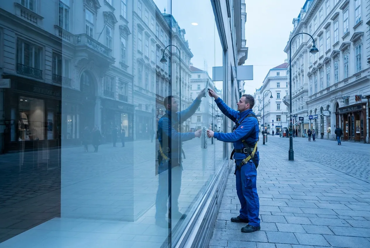Fensterreinigung Lemberg — Schaufenster eines Geschäfts wird beidseitig gereinigt